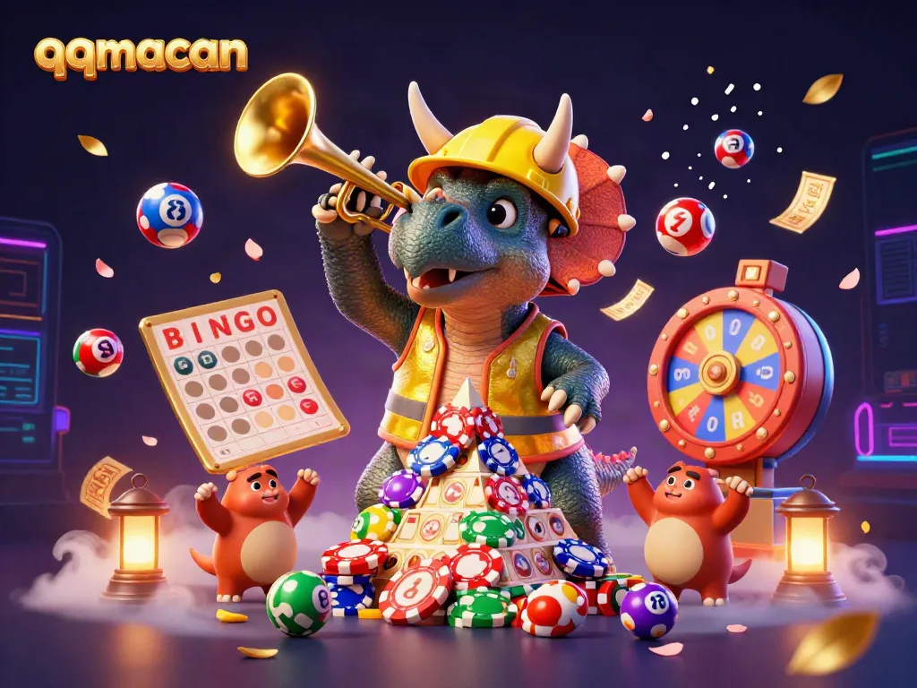 Experience the excitement of qqmacan as a triceratops builds a poker chip pyramid amid cheering compys.