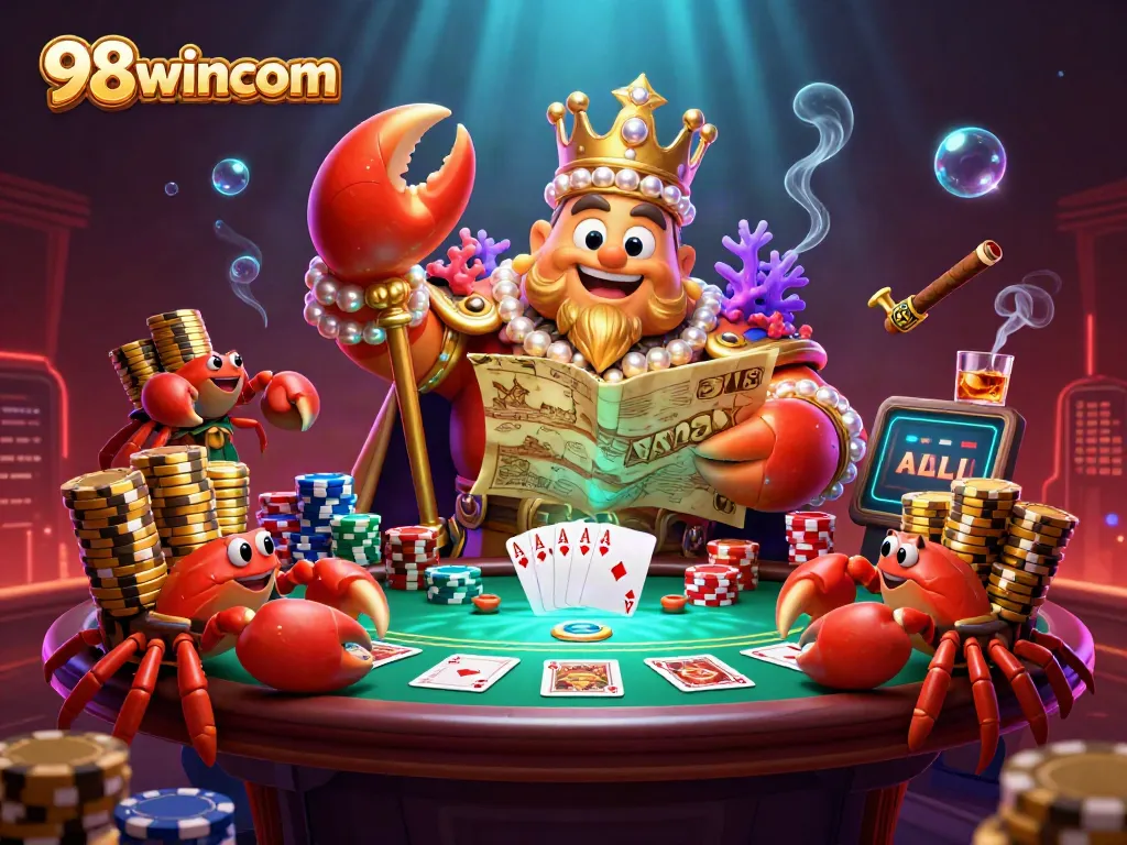 Experience the thrill of online gaming with 98wincom's royal crab emperor and poker elements.