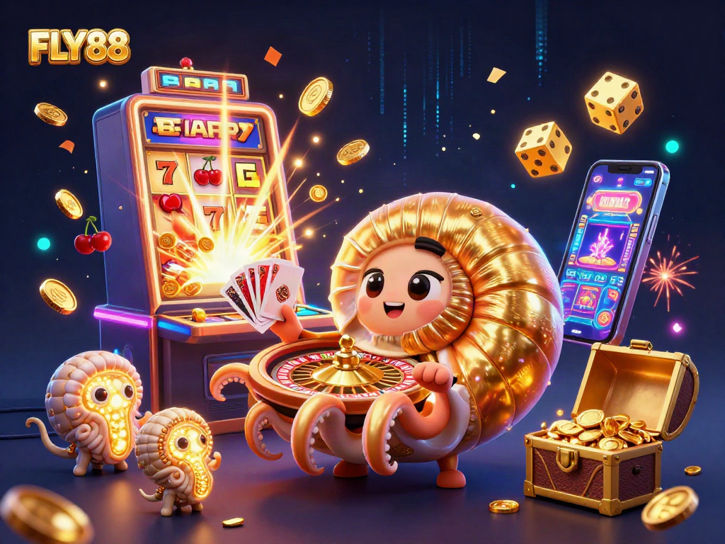 FLY88's vibrant gaming scene showcases ancient nautilus, festive jackpots, and thrilling casino elements.