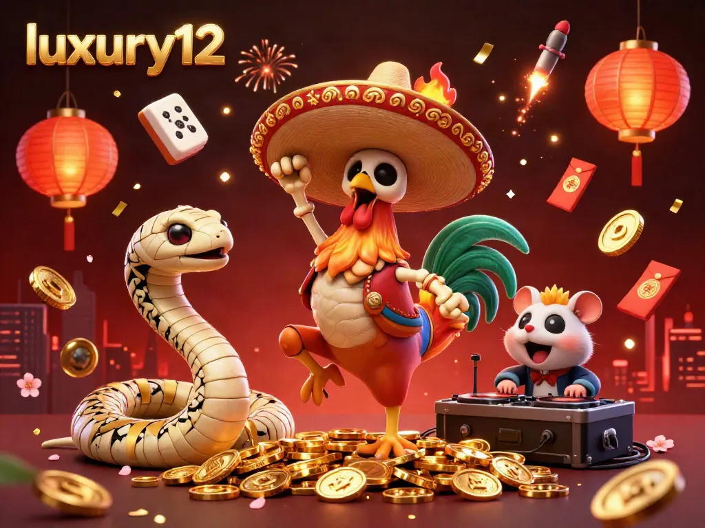 Experience the vibrant celebration of luxury12 with a mariachi rooster dancing on coins amid festive casino elements.