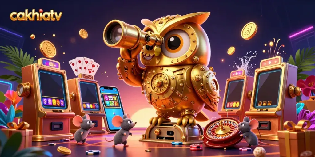 Cakhiatv illustration depicting a vibrant casino scene with an owl and mice among colorful slot reels and games.