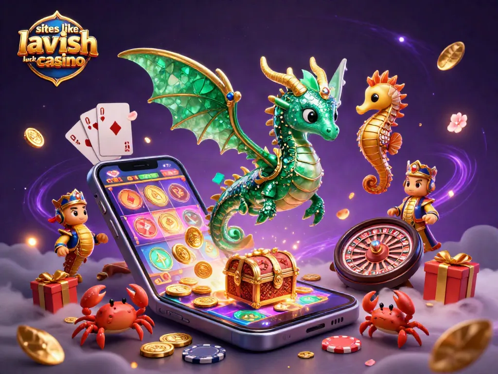 Engage in thrilling gameplay with sites like Lavish Luck Casino, featuring dynamic 3D cartoon illustration with a sea dragon and slot games.