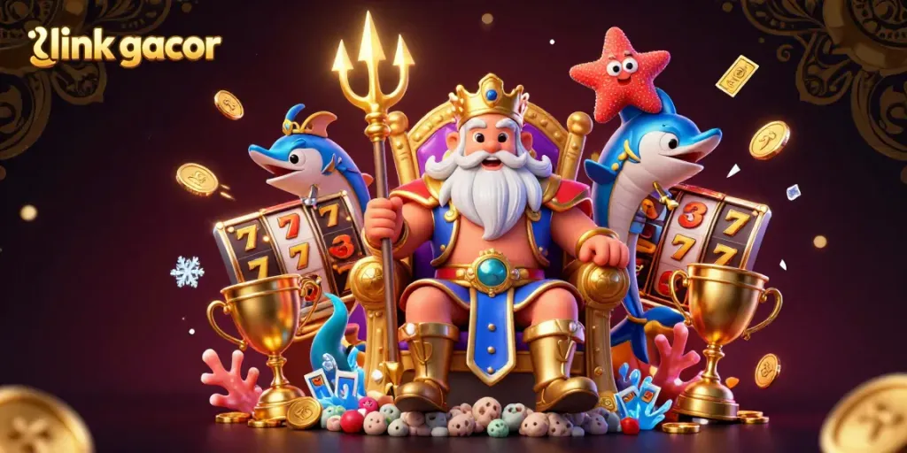 Experience link gacor with vibrant slot reels, illuminated trophies, and a lavish undersea king.