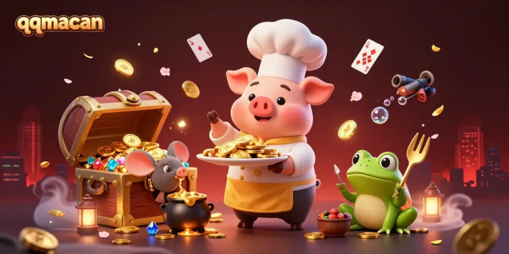 Experience the thrill of qqmacan with a vibrant 3D illustration of a chef pig serving gold coins in a gaming paradise.
