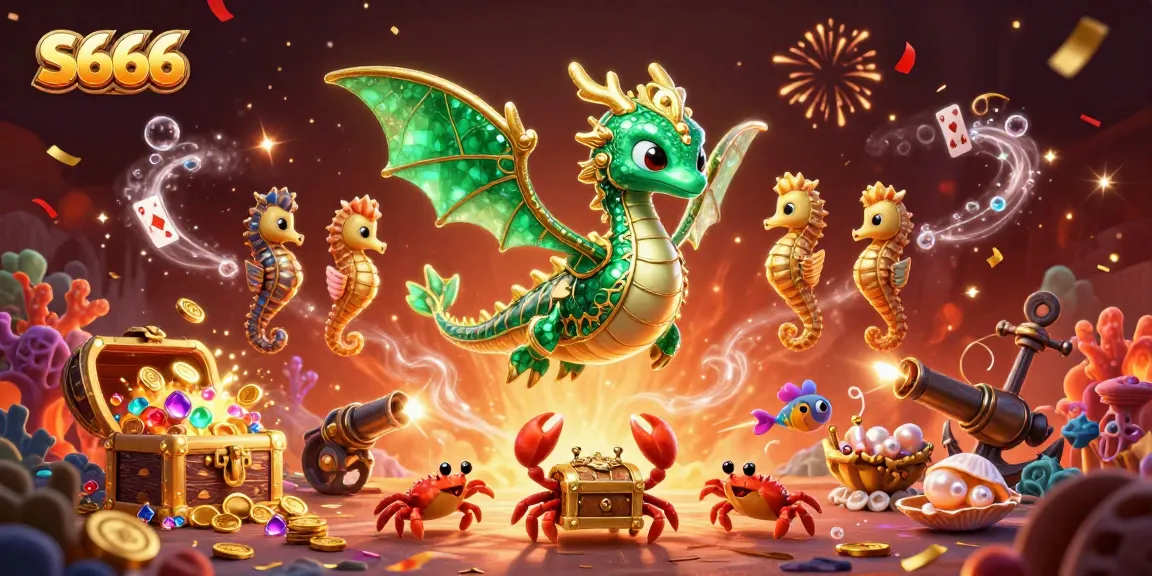 Experience thrilling S666 gameplay with a cartoon sea dragon and magical treasures in this vibrant 3D scene.