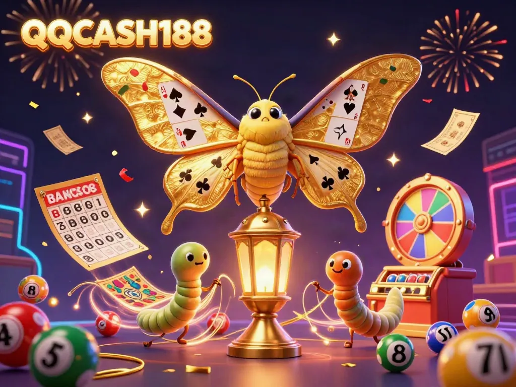 Engage with QQCASH188's vibrant casino world showcased in a colorful, dynamic 3D illustration.