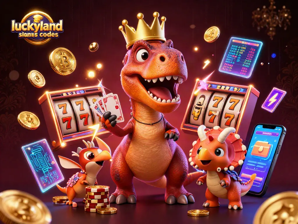 Engage in LuckyLand Slots bonus codes while a T-Rex shuffles cards surrounded by colorful slot reels and vibrant digital elements.