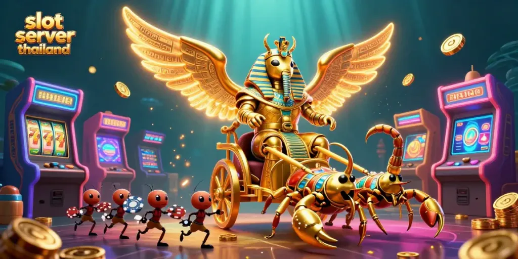 Engage in thrilling games at slot server thailand featuring colorful casino elements and gold-sparkling characters.