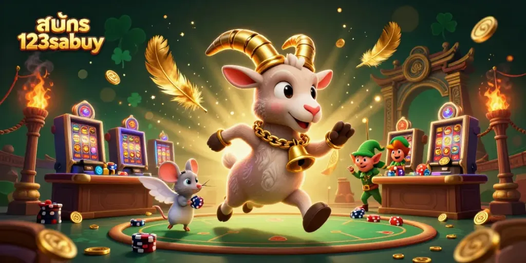 Experience thrilling action at สมัคร 123sabuy as Krampus, mouse, and gremlins share a festive casino scene.