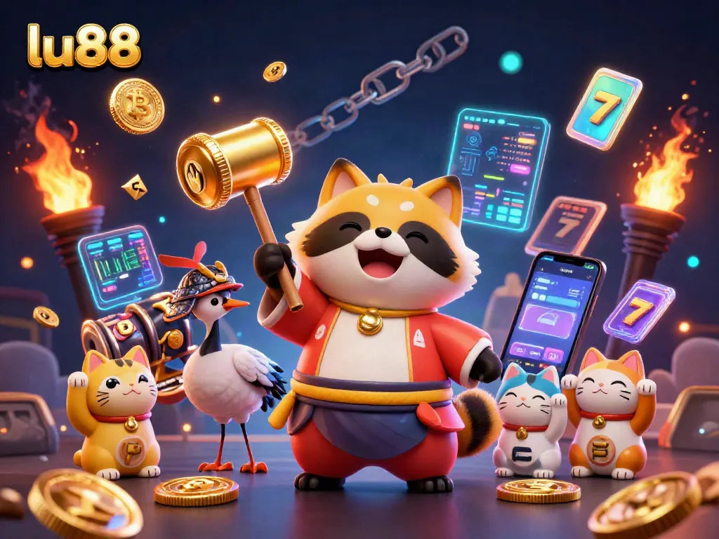Engage with the vibrant world of lu88 featuring cheerful characters amidst thrilling slots and cryptocurrency elements.