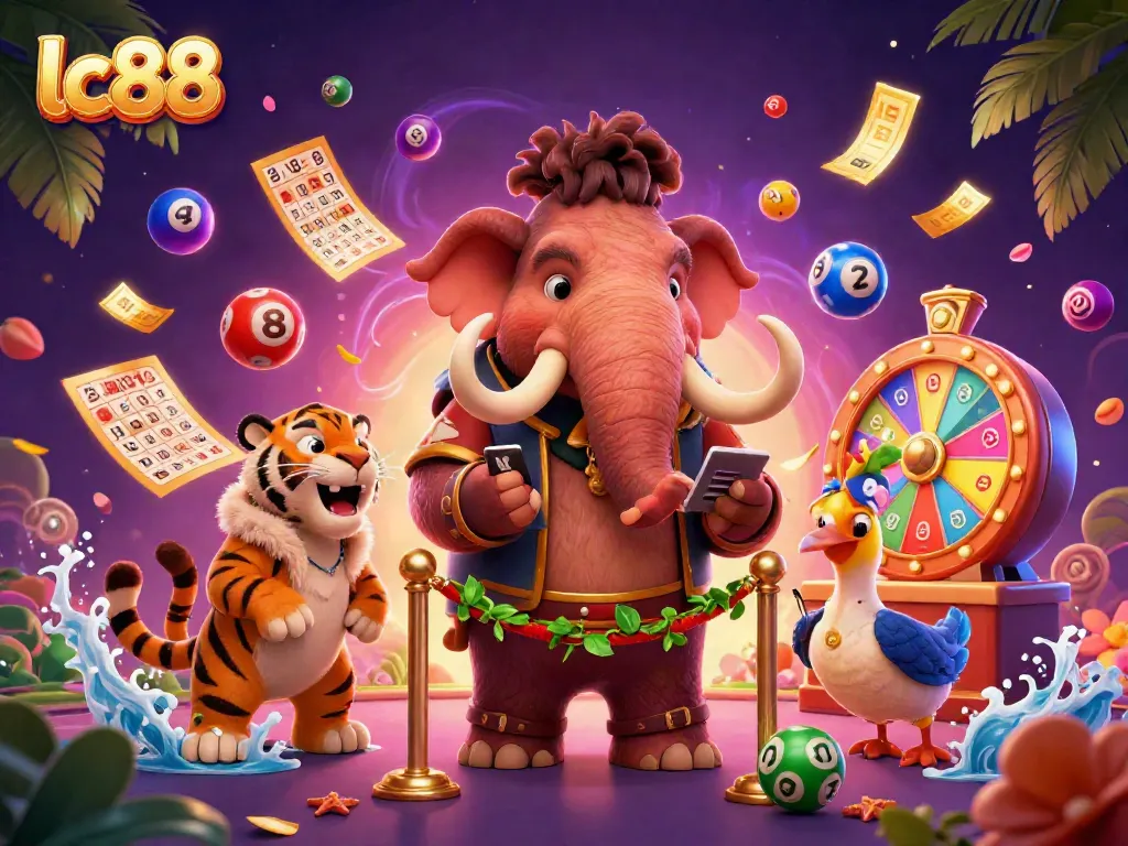 Join the excitement at lc88 with a dynamic casino scene featuring engaging characters and playful lottery elements.