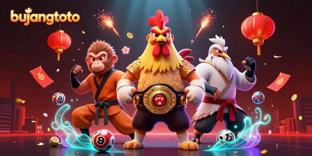 Bujangtoto features a vibrant 3D scene showcasing a Muay Thai rooster, Shaolin monkey, and crane master amid dynamic gambling elements.