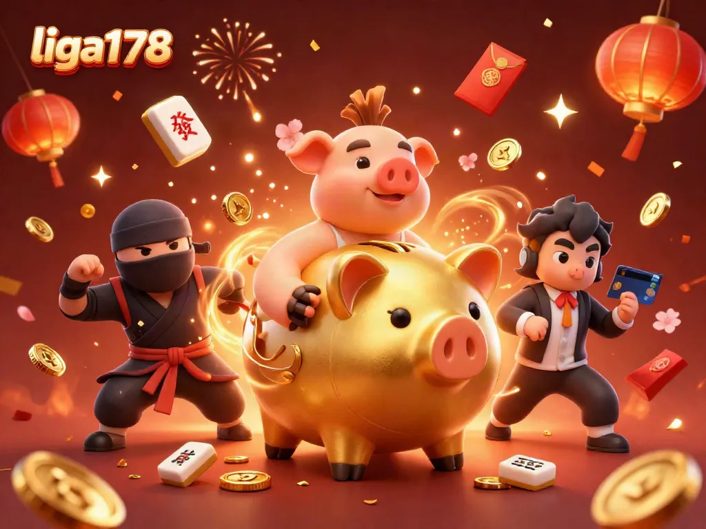 Gambarkan piggy bank sumo liga178 yang menyebar koin emas dalam ilustrasi yang meriah.