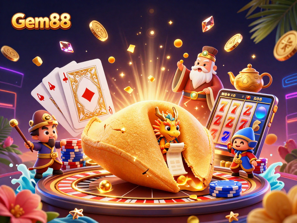 Gem88 casino illustration featuring whimsical characters, golden treasures, and colorful gaming elements
