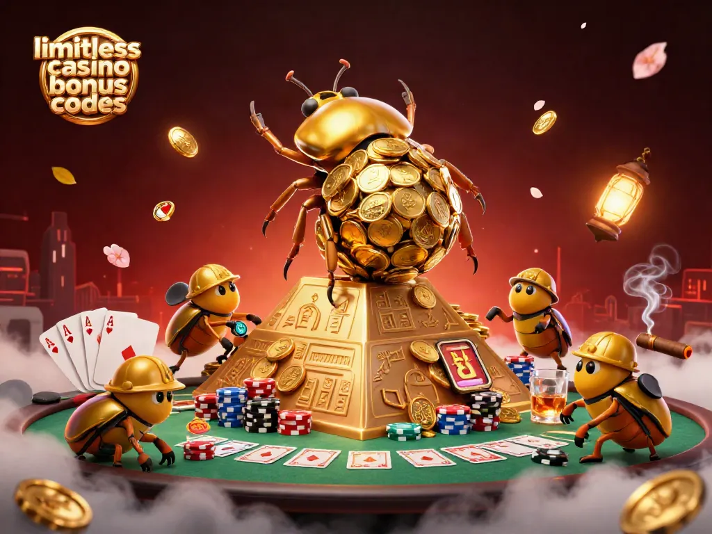 Engage with limitless casino bonus codes while a golden dung beetle rolls coins in a vibrant casino scene.