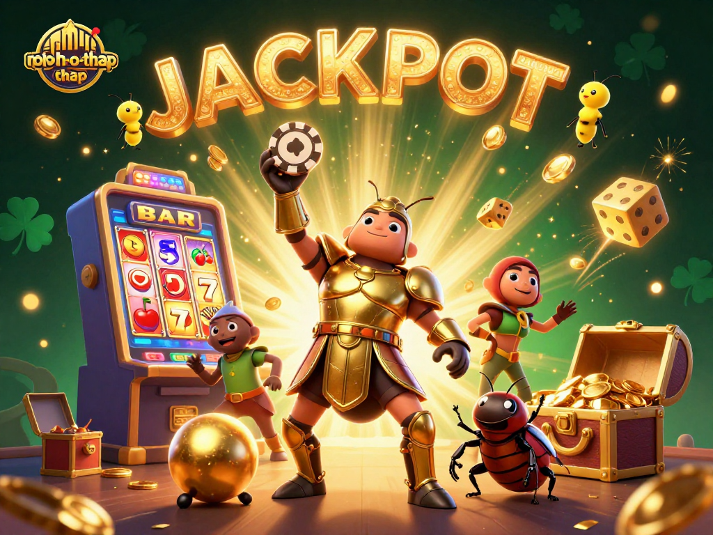 Join the fun at nohu-toa-thap, as exciting characters celebrate a casino jackpot with animated game elements!