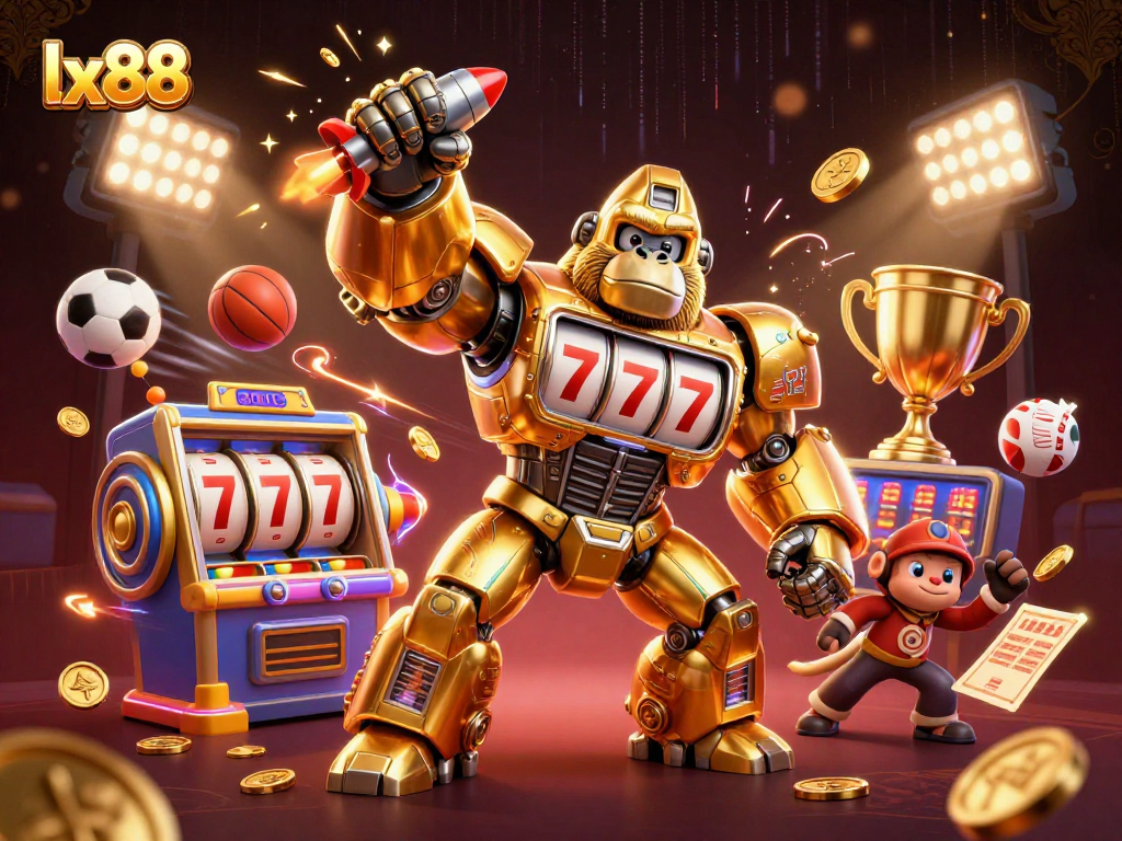 Experience thrilling gaming action with lx88, featuring a golden gorilla mech and sports elements.