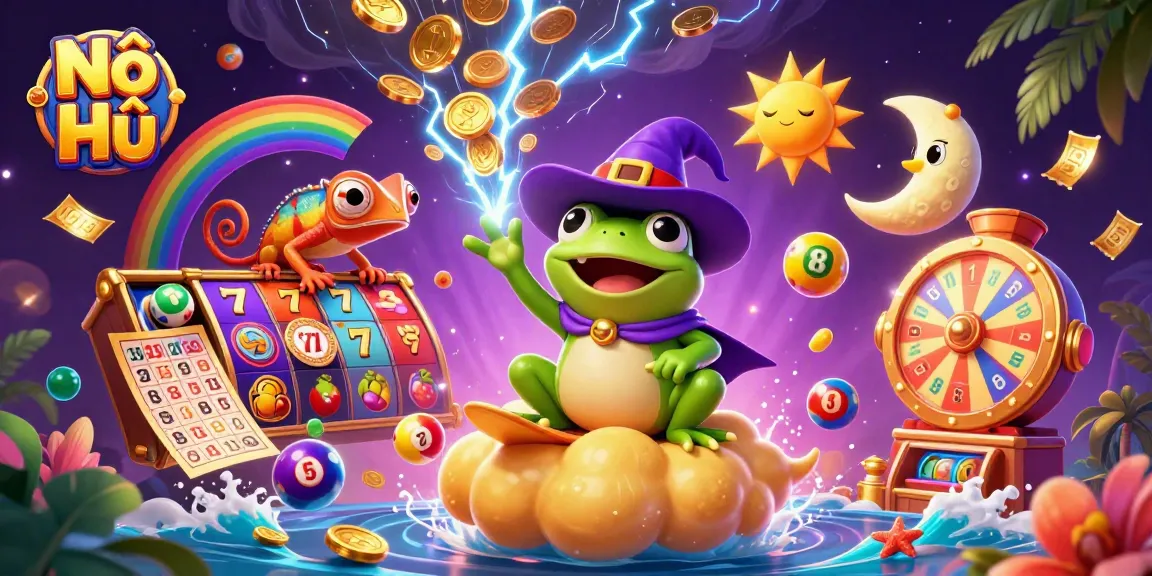 Nổ Hũ slot gaming scene with a wizard frog and chameleon amidst a storm of exciting gambling elements.
