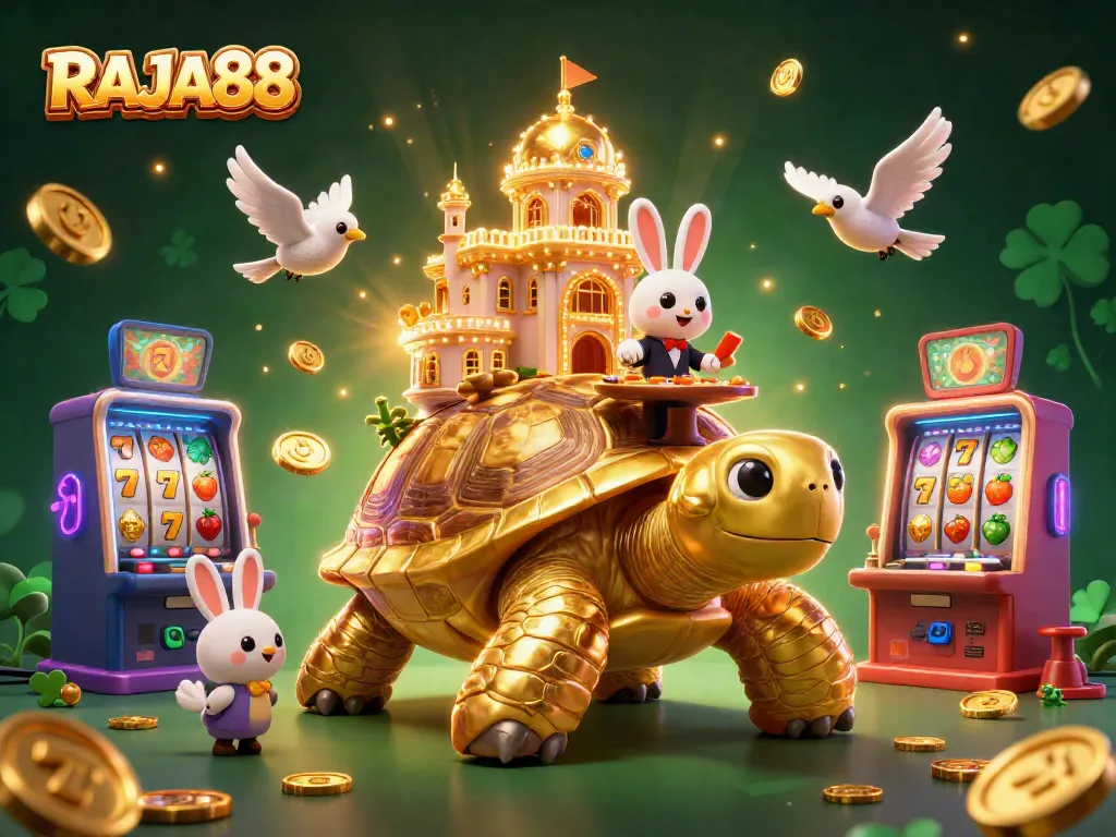 RAJA88 menghibur pemain dengan slot terbaru dan simbol keberuntungan dalam ilustrasi kasino yang penuh warna.