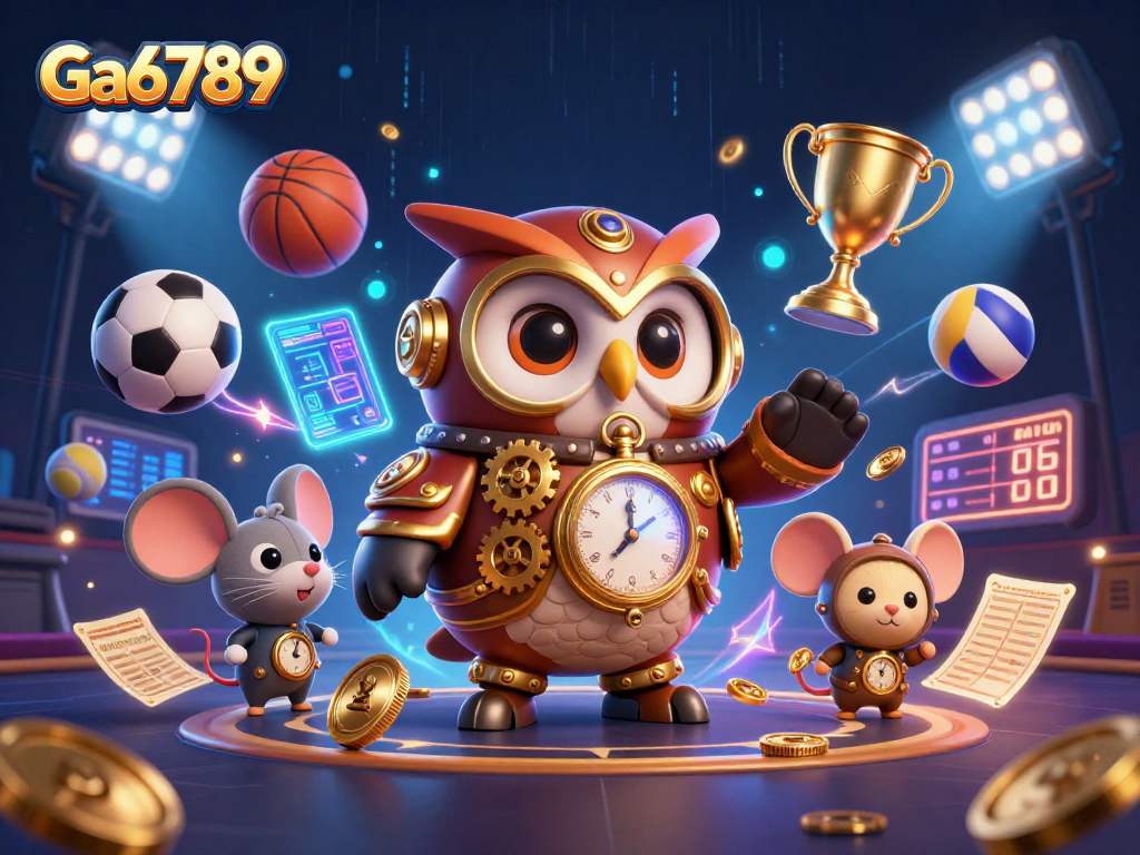 Ga6789 showcases a lively casino scene with a time-traveler owl and sports elements.