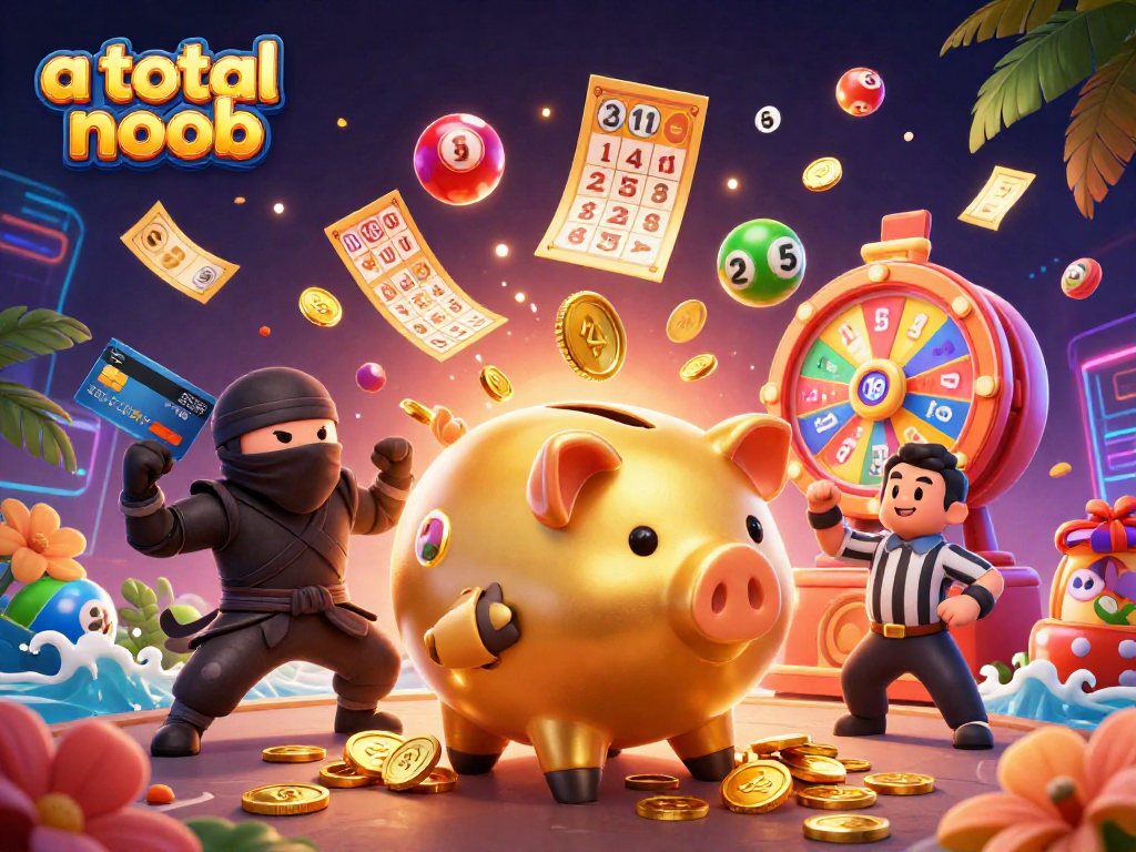 Experience exciting gameplay with a total noob featuring dynamic lottery elements in a vibrant 3D scene.