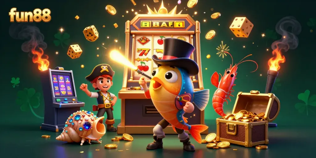 Experience the excitement of fun88 with glowing casino elements and vibrant characters in this dynamic 3D scene.