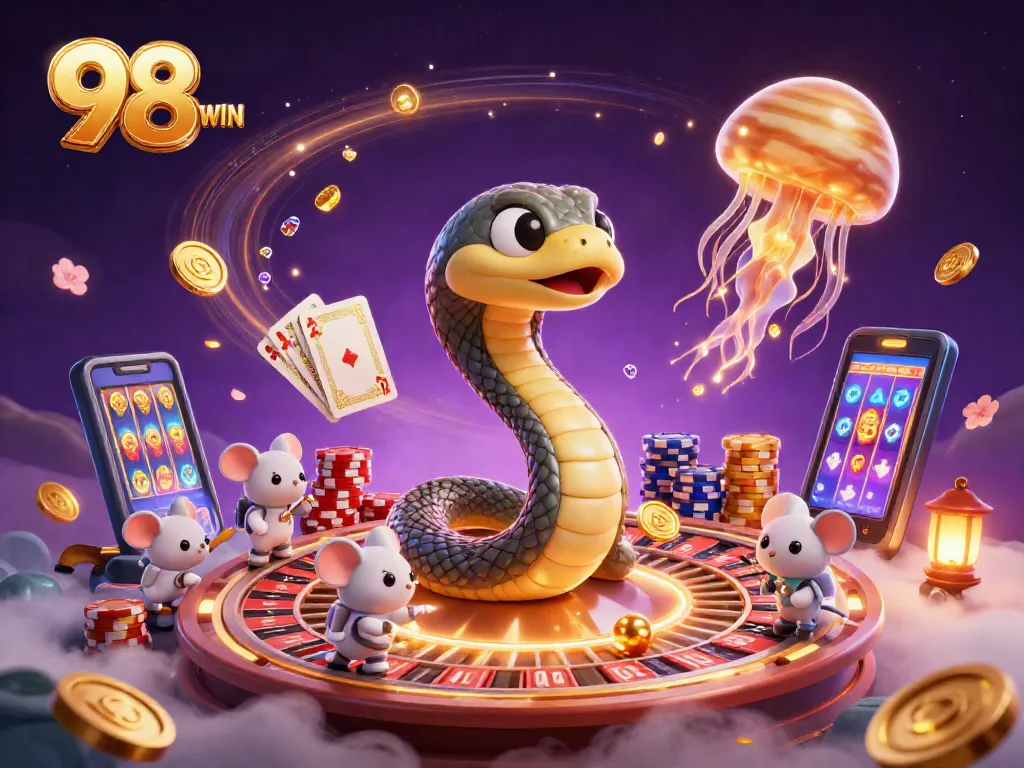 Engage with the thrilling casino world of 98WIN featuring a cosmic roulette scene.
