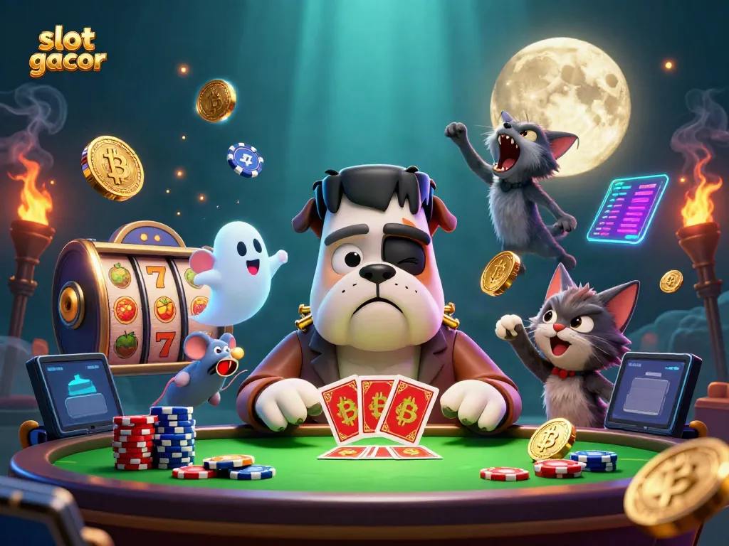 Engage in vibrant casino action with slot gacor elements, featuring a bulldog dealer and neon coins.