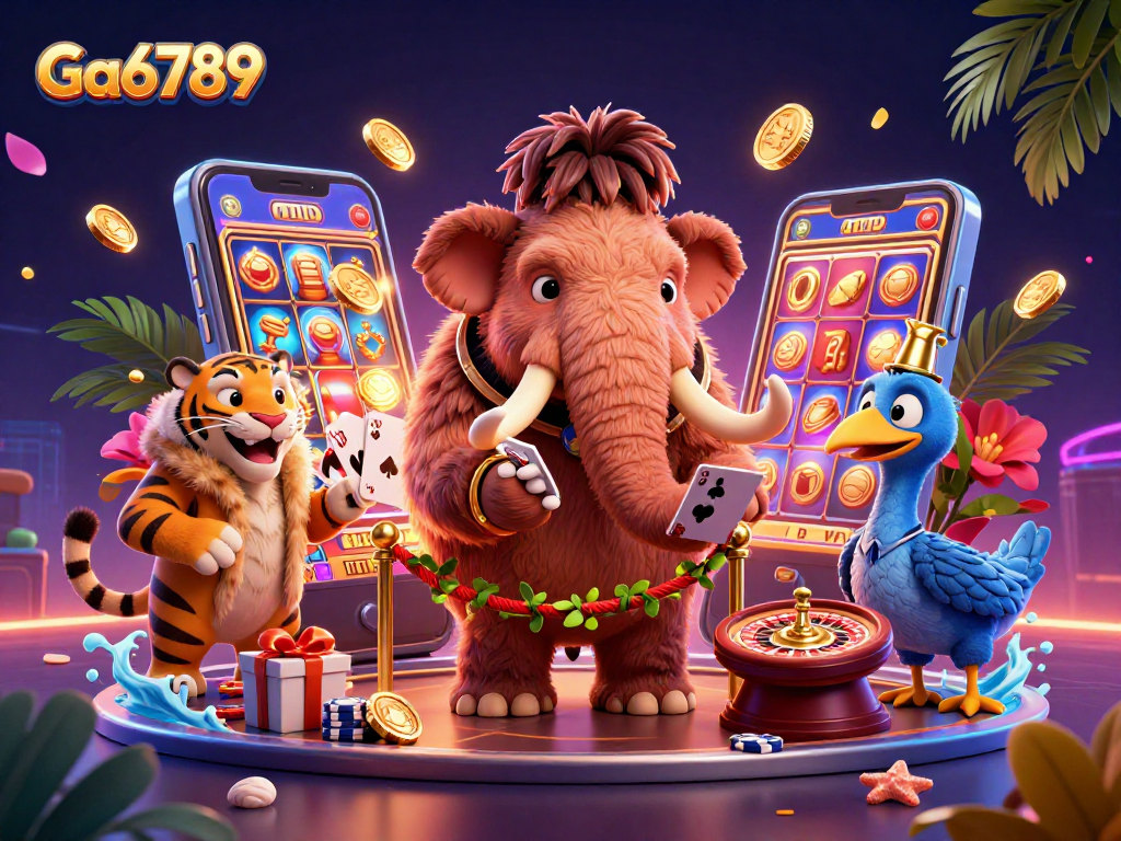 Experience Ga6789 wins with a vibrant 3D casino scene featuring dynamic characters and exciting gaming elements.