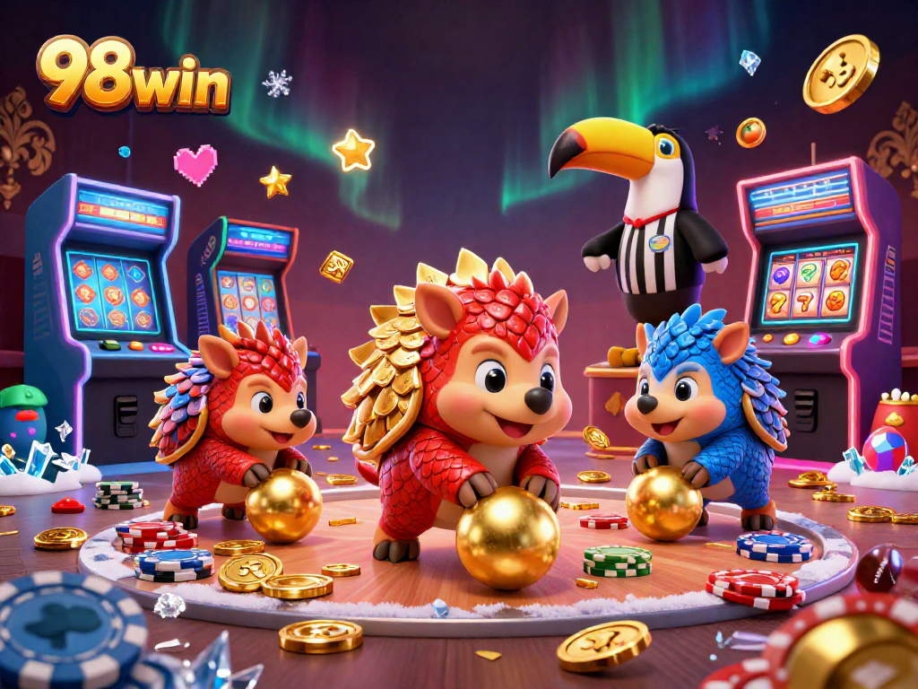 Engage in thrilling gaming with 98win's animated pangolins bowling through poker chips!