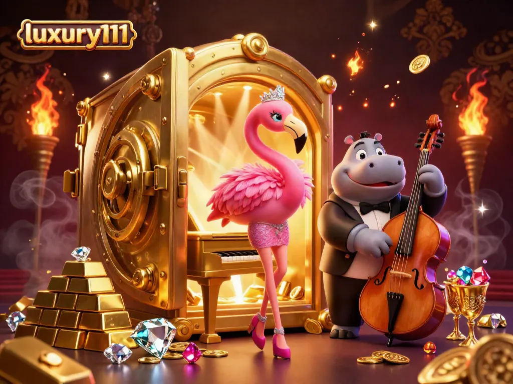 Experience luxury111 with vibrant casino elements, showcasing a flamingo singer at a grand piano amidst riches.