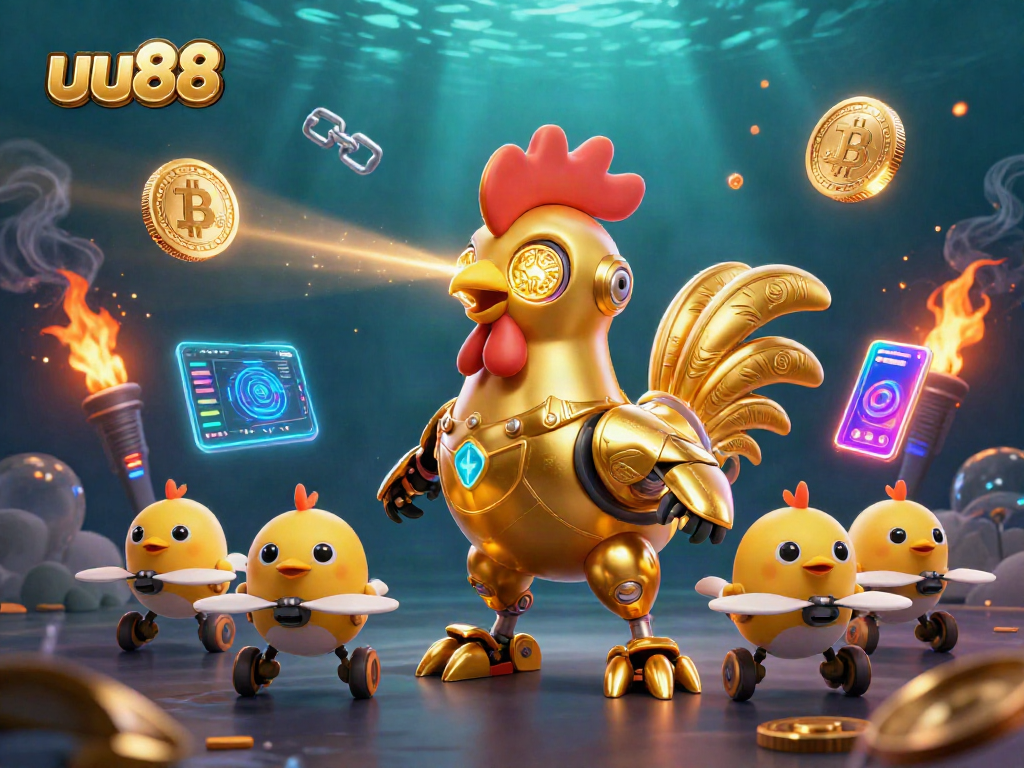 Engage with uu88's vibrant casino animation featuring robot characters and crypto elements.