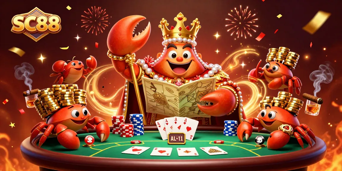 SC88 showcases an epic gambling scene with a golden crab emperor leading a poker showdown filled with vibrant chips and cards.