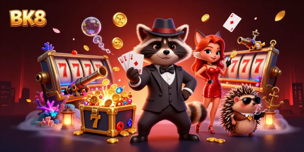 Experience thrilling wins at BK8 with a cartoon raccoon and friends in a lively casino atmosphere.