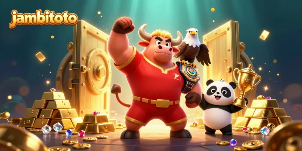 Jambitoto showcases vibrant 3D art featuring casino elements and mascot characters celebrating a jackpot.