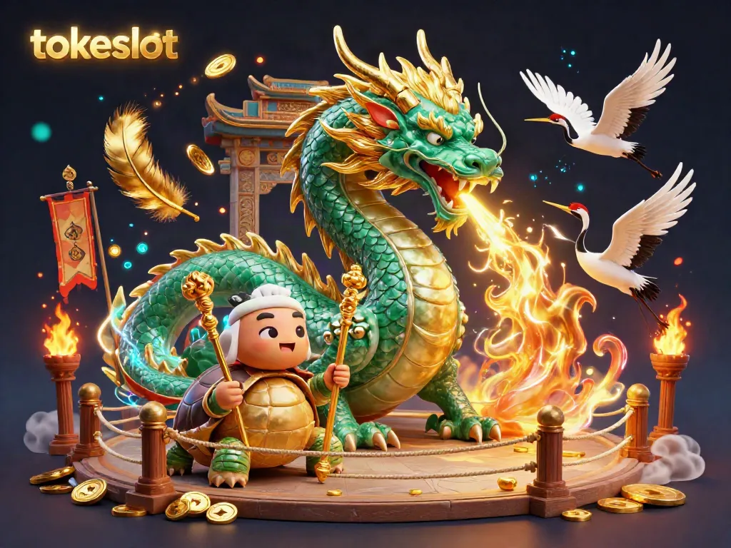 Tokeslot's vibrant gaming scene features a dragon, turtle sage, and lucky cranes promoting immersive play.