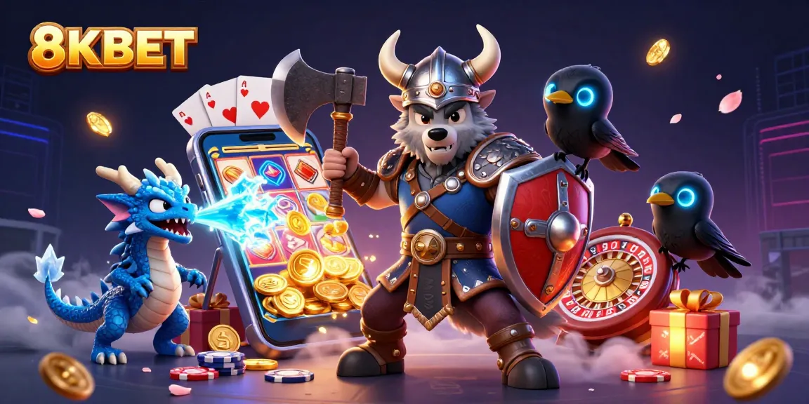 Engage with 8KBET's thrilling casino action in a dynamic 3D illustration featuring slot games and unique characters.