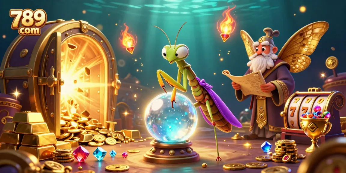 Play slots and win big at 789 com, surrounded by treasures in a mystical casino setting.