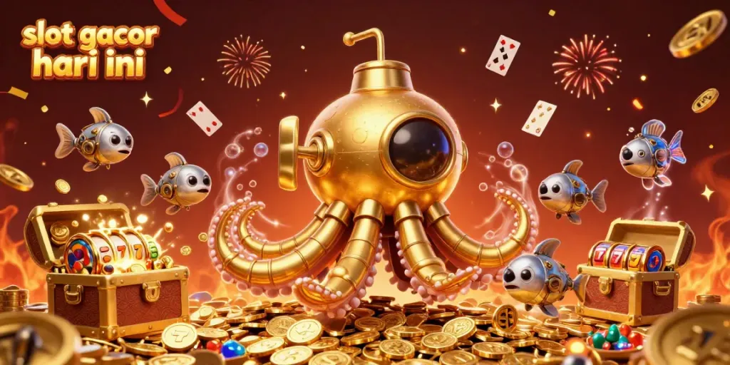 Menyaksikan slot gacor hari ini dengan reel emas dan kastil harta karun penuh koin di tengah lautan