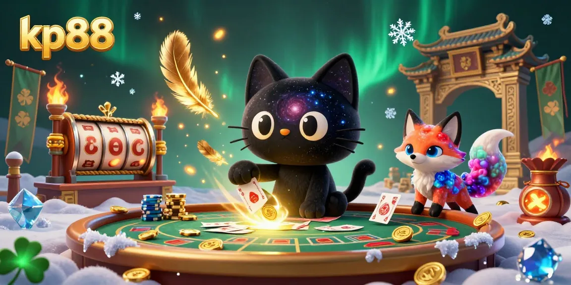 Experience kp88's cosmic casino, with a black hole cat and colorful fox pulling in chips and golden coins.