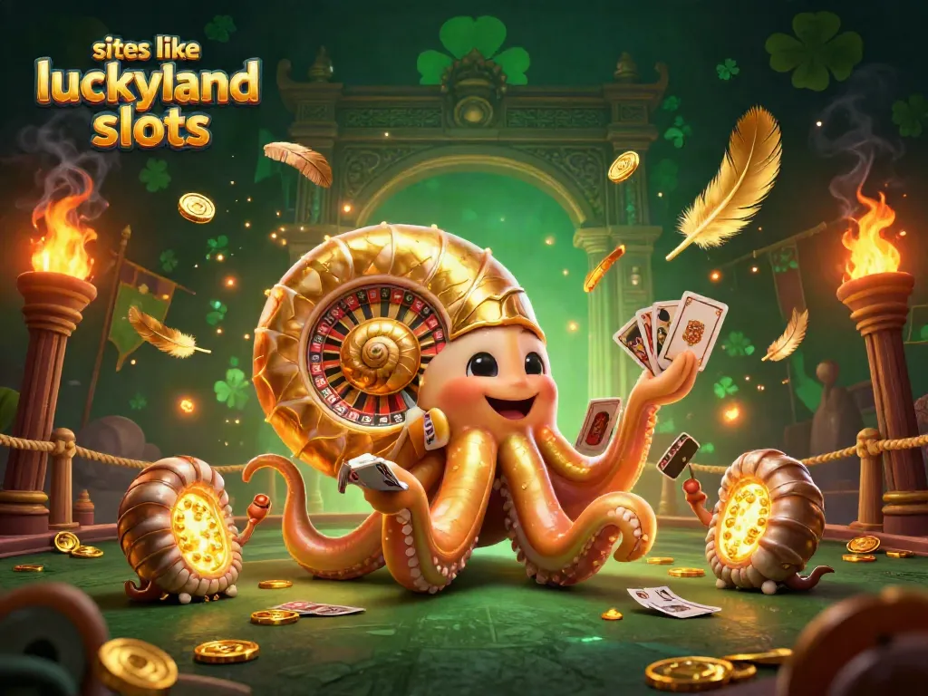 Spin and win at sites like LuckyLand Slots with golden gaming elements and characters.