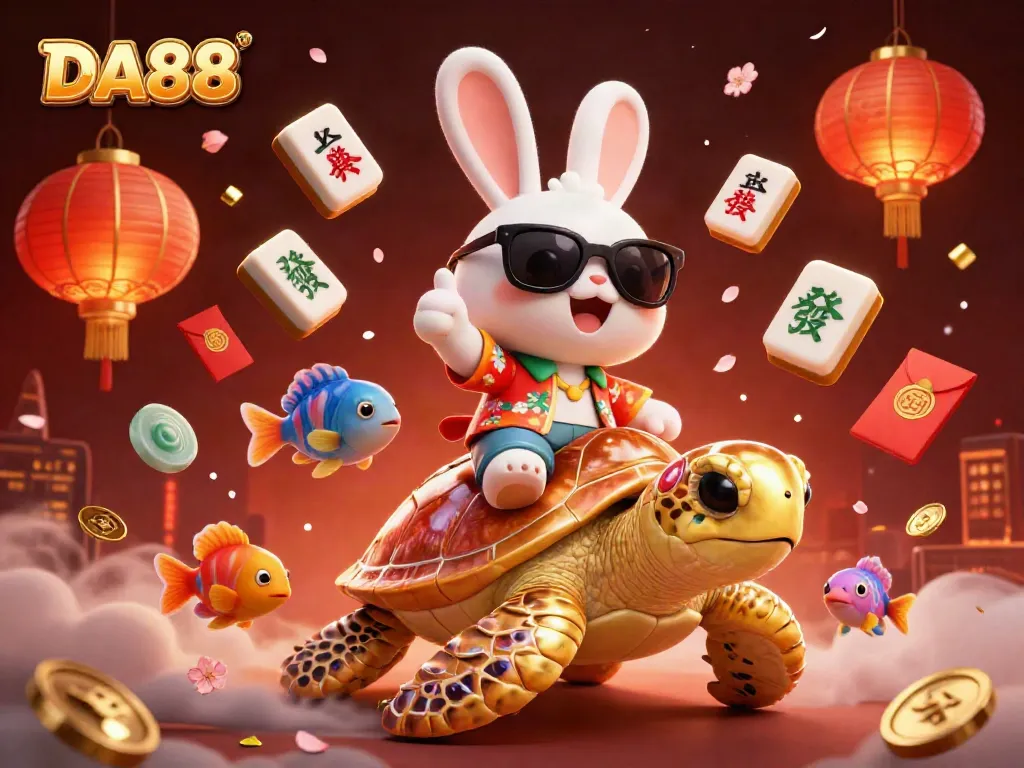 DA88 showcases a lucky rabbit celebrating while riding a golden turtle in a vibrant casino scene.