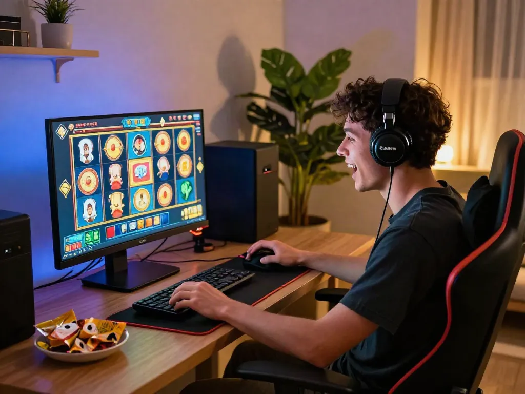 Enjoying a thrilling slot game experience at home with vibrant gaming setup.