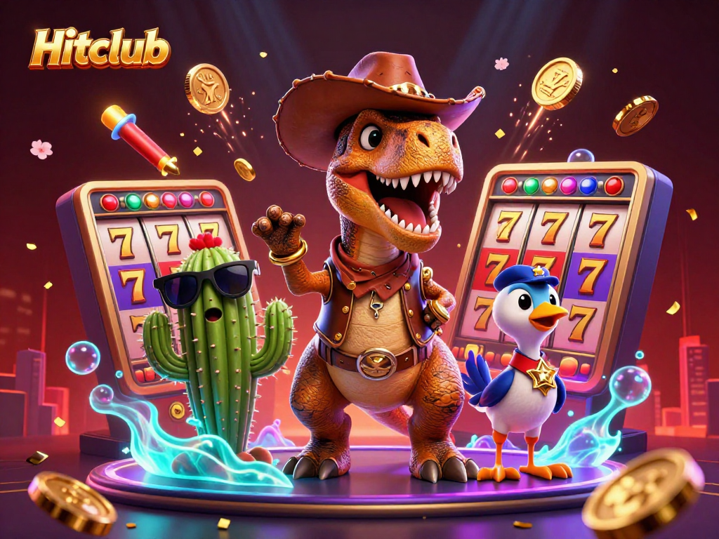 Hitclub showcases thrilling casino action with the T-Rex cowboy and dynamic slot reels.