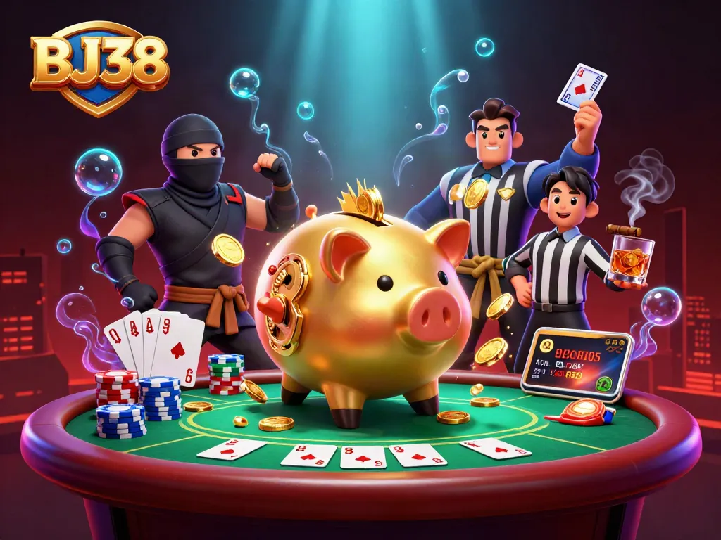 BJ38 gameplay scene with a piggy bank sumo wrestler, showcasing vibrant casino elements and action.