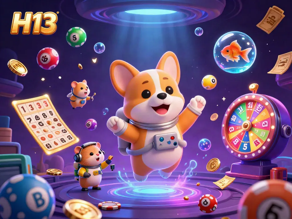 Experience H13 excitement in a floating casino scene with a corgi, hamster, and goldfish amidst lottery elements.