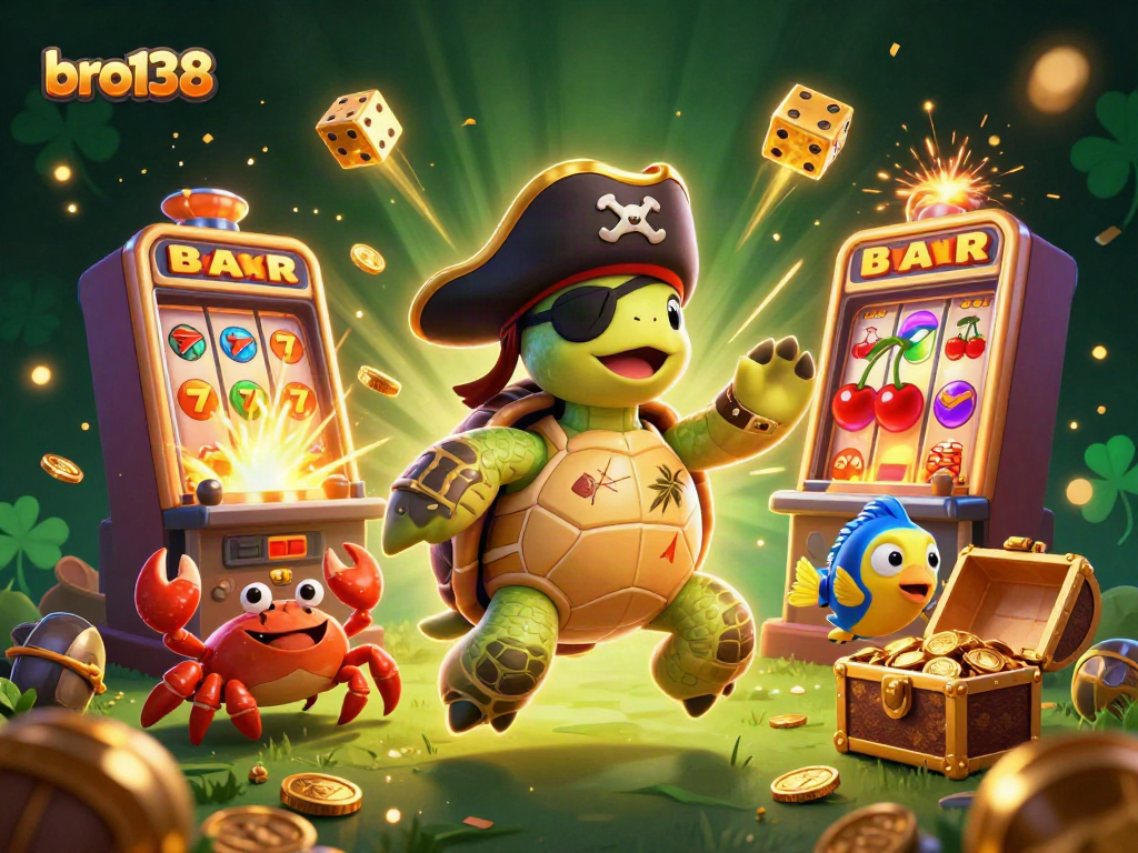 Join the adventure at bro138, where our cartoon pirate turtle uncovers jackpots and treasures!