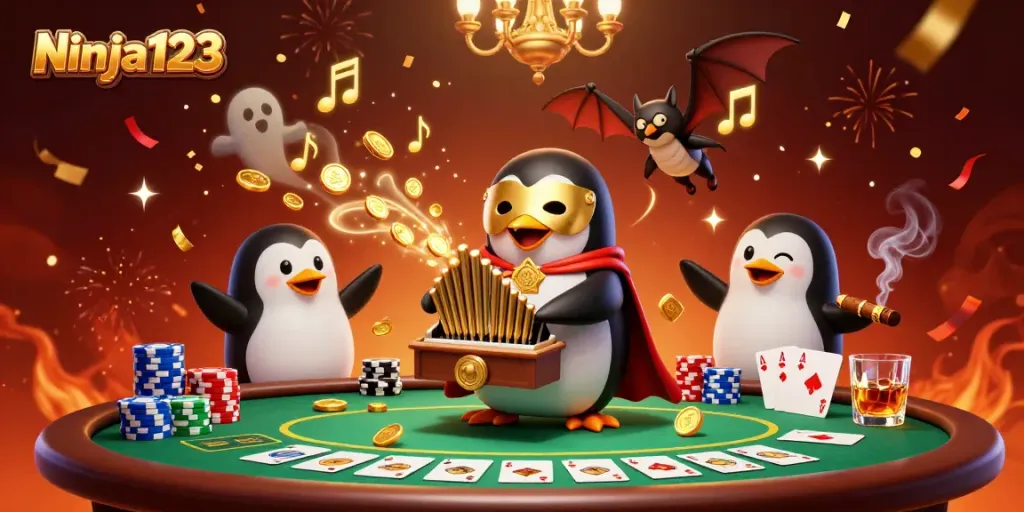 Ninja123 gaming scene with a penguin organist, poker elements, and vibrant colors.