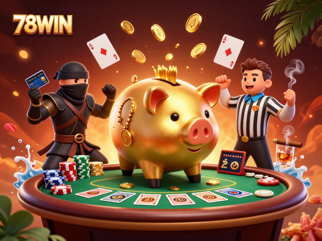 78WIN showcases a dynamic 3D scene of a golden piggy bank wrestler surrounded by casino elements.