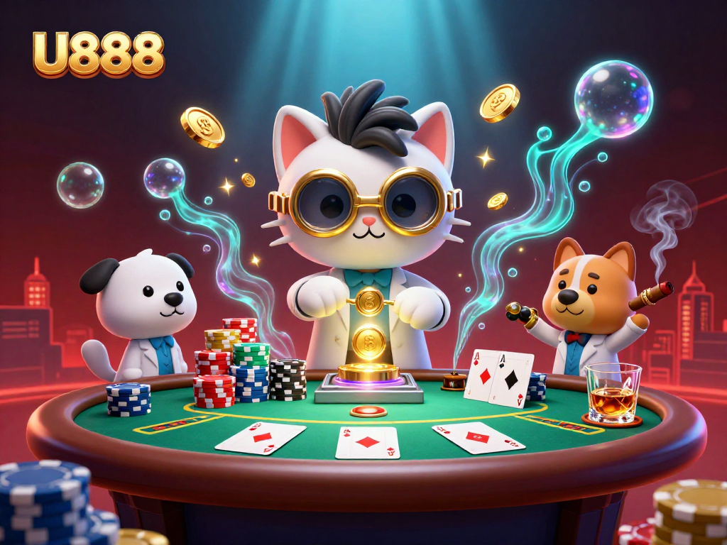 U888 showcases an interactive casino scene with a mad scientist cat and loyal dog, surrounded by vibrant poker elements.